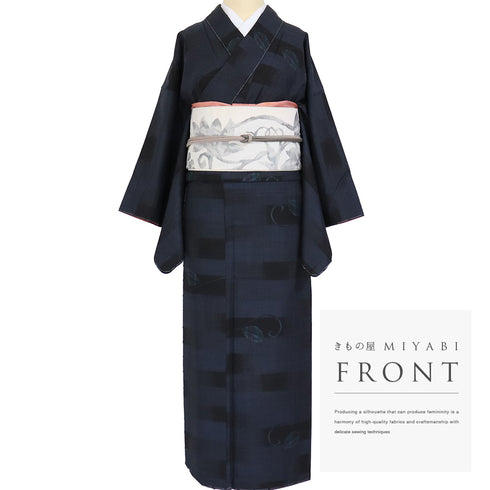 本場大島紬 リサイクル 身丈158.5cm 裄64.9cm 袷 葉柄 ネイビー Mサイズ カジュアル お洒落 証紙 しつけ糸 正絹 広衿 Sランク