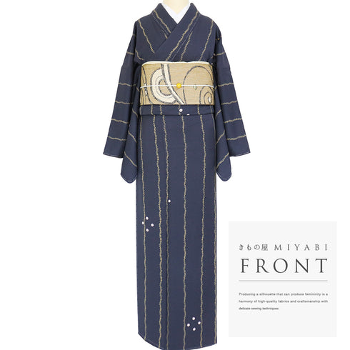 小紋 リサイクル 身丈171cm 裄71.2cm 袷 蔓や丸に花柄 ネイビー LLサイズ お洒落 カジュアル 正絹 広衿 Sランク