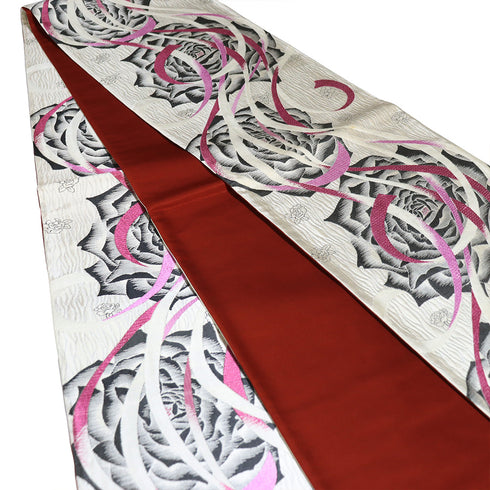 袋帯 リサイクル 帯丈444cm 全通 薔薇やリボン柄 EYE ホワイト Mサイズ 正絹 未使用品 フォーマル お洒落