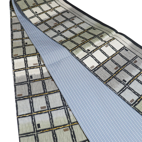 袋帯 リサイクル 帯丈432cm 全通 横段ぼかしに格子柄 多色 Sサイズ 正絹 新品・未使用品 お洒落