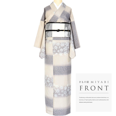 紬 リサイクル 身丈164cm 裄64.6cm 袷 横段に楓・梅・笹模様 グレー Lサイズ お洒落 証紙 しつけ糸 正絹 広衿 未使用品