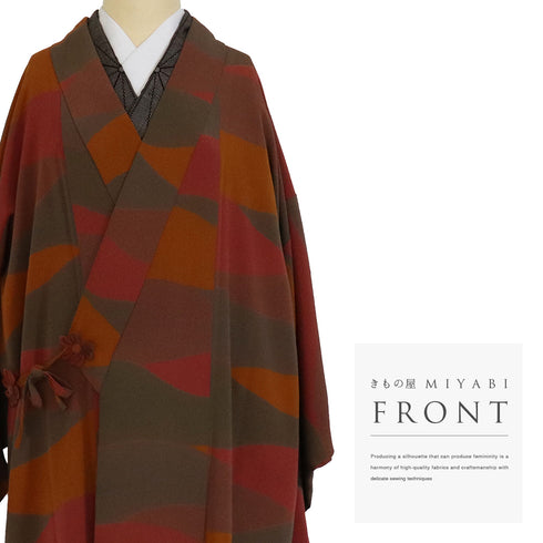 道中着 リサイクル 身丈103cm 裄64.4cm 袷 ロング丈 抽象柄 バチ衿 ブラウン Sサイズ カジュアル 正絹 Sランク
