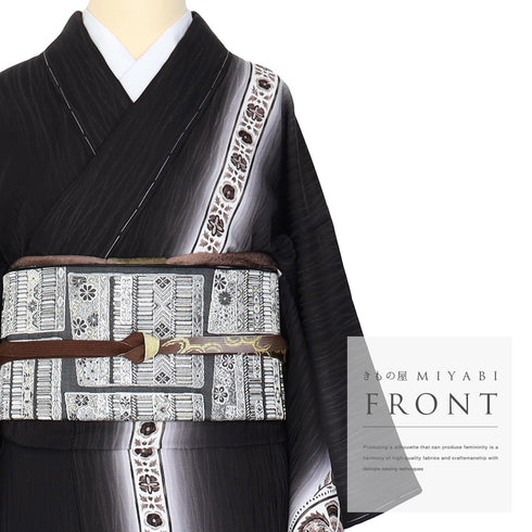 訪問着 リサイクル 身丈158.5cm 裄62.2cm 袷 立涌に唐花模様 地紋 長居賢珠 ブラック Mサイズ お洒落 落款 しつけ糸 正絹 広衿 未使用品