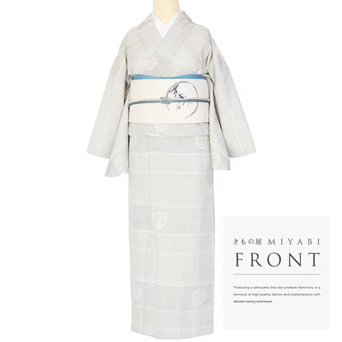 紬 リサイクル 身丈158cm 裄64.2cm 袷 横段縞に花柄 グレー Mサイズ お洒落 カジュアル 正絹 広衿 Sランク