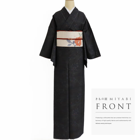 紬 リサイクル 身丈163.2cm 裄64.6cm 袷 花枝柄 ブラック Lサイズ お洒落 しつけ糸 正絹 広衿 Sランク