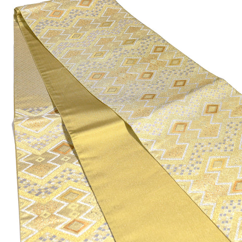 袋帯 リサイクル 帯丈444cm 六通 デザイン菱柄 ゴールド Mサイズ 正絹 Sランク フォーマル お洒落