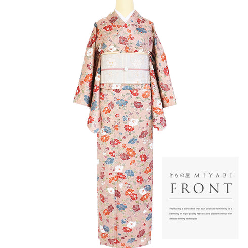 小紋 リサイクル 身丈158.5cm 裄63.7cm 単衣 椿柄 ピンク Mサイズ カジュアル 正絹 バチ衿 Sランク