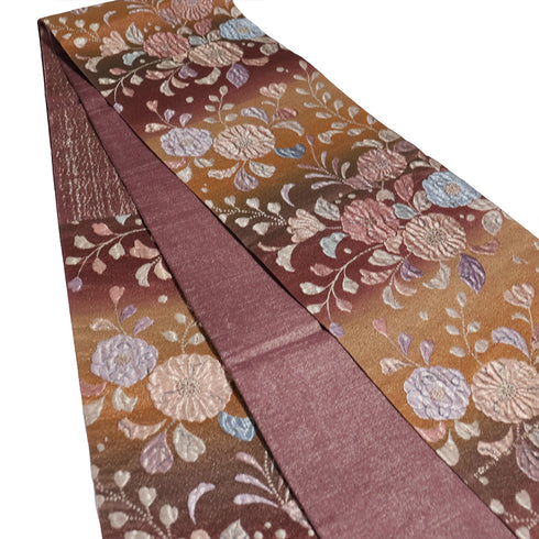 袋帯 リサイクル 帯丈428cm 六通 辻が花風模様 ふくれ織り ブラウン Sサイズ 正絹 新品・未使用品 お洒落