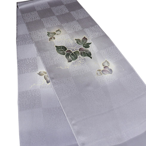 帯締め・帯揚げセット リサイクル お洒落 平組紐 ちりめん パープル 正絹 新品・未使用品 市松に葉柄