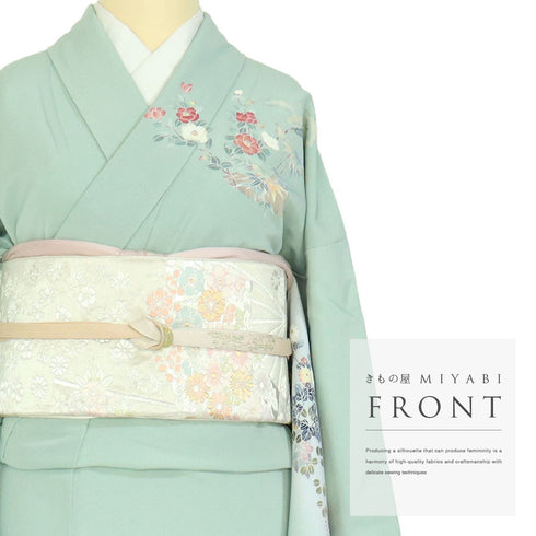 訪問着 リサイクル 身丈155.2cm 裄65.2cm 袷 松竹梅柄 グリーン Sサイズ セミフォーマル お洒落 正絹 広衿 Sランク