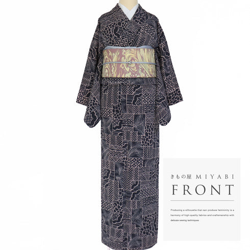 小紋 リサイクル 身丈160.6cm 裄65.2cm 袷 裂取り柄 ネイビー Lサイズ お洒落 カジュアル 正絹 広衿 Aランク