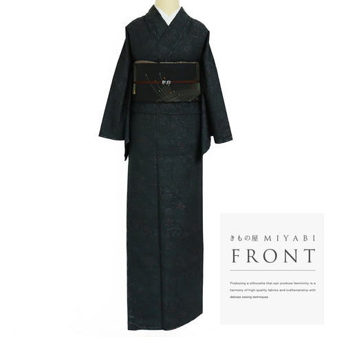 大島紬 リサイクル 身丈161.2cm 裄66.8cm 袷 草花柄 ネイビー Lサイズ お洒落 カジュアル 証紙 しつけ糸 正絹 広衿 Sランク