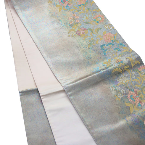 袋帯 リサイクル 帯丈432cm 六通 花唐草柄 シルバー Sサイズ 正絹 Sランク セミフォーマル セミフォーマル