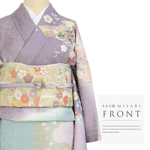 訪問着 リサイクル 身丈165cm 裄66.4cm 袷 松唐菱に菊柄 金駒刺繍 箔 パープル Lサイズ フォーマル セミフォーマル 正絹 広衿 Sランク