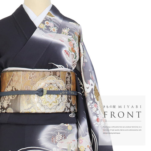 訪問着 リサイクル 身丈165cm 裄68cm 袷 花や松柄 金駒刺繍 箔 グレー Lサイズ セミフォーマル フォーマル しつけ糸 正絹 広衿 Sランク