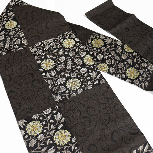 名古屋帯 リサイクル 帯丈372.3cm 六通 花唐草模様 ブラック Mサイズ 正絹 Sランク お洒落