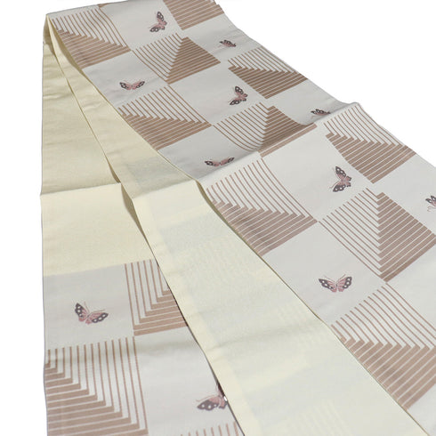 京袋帯 リサイクル 帯丈386cm 六通 市松に蝶柄 ブラウン Lサイズ ポリエステル 新品・未使用品 お洒落