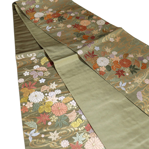 袋帯 リサイクル 帯丈422cm 六通 流水や菊柄 刺繍 唐織錦 グリーン Sサイズ 正絹 Sランク フォーマル セミフォーマル