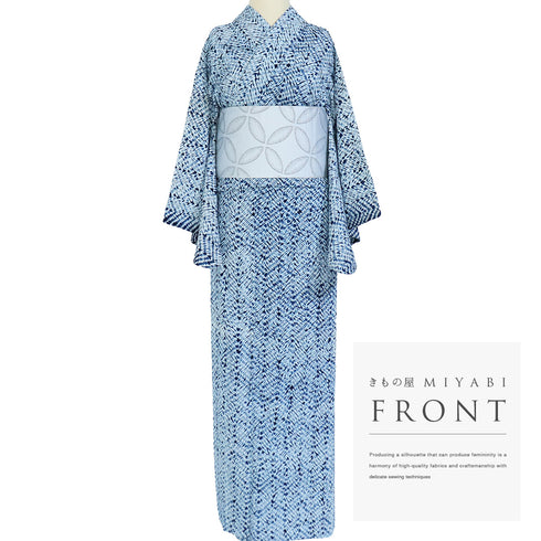 浴衣 リサイクル 夏着物 身丈159.8cm 裄66.2cm 夏物 絞り 杢目絞り ネイビー Mサイズ カジュアル 木綿 洗える着物 バチ衿 Cランク