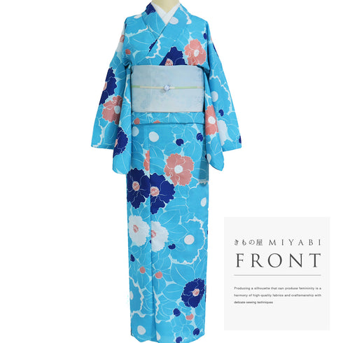 浴衣 リサイクル 夏着物 身丈166cm 裄65.5cm 夏物 花柄 既製品 ブルー LLサイズ カジュアル ポリエステル 洗える着物 バチ衿 Sランク