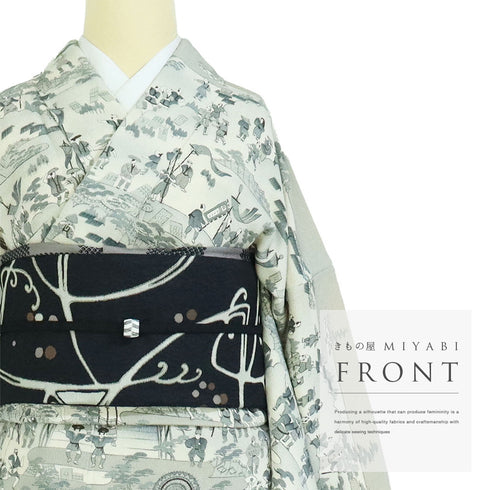 付下げ リサイクル 身丈158.2cm 裄67.6cm 袷 祭礼柄 グレー Mサイズ お洒落 正絹 広衿 Sランク