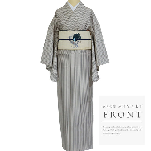 紬 リサイクル 身丈158.5cm 裄65.8cm 単衣 縞模様 グレー Mサイズ カジュアル 正絹 広衿 Aランク