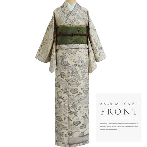 紬 リサイクル 身丈168.8cm 裄66.2cm 袷 花柄 蝶柄 ガード加工 アイボリー LLサイズ お洒落 カジュアル 正絹 広衿 Sランク