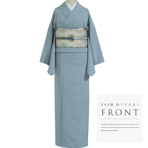 色無地 リサイクル 身丈162.2cm 裄66cm 袷 ゆったり ブルー Lサイズ セミフォーマル 一つ紋 正絹 広衿 Sランク