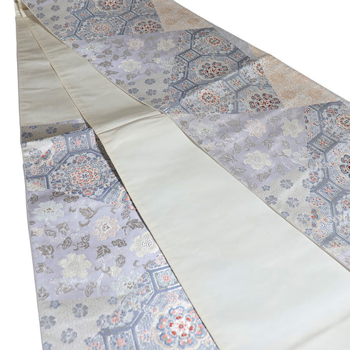 袋帯 リサイクル 帯丈426cm 六通 華紋に唐草柄 パールトーン加工 グレー Sサイズ 正絹 Sランク フォーマル お洒落