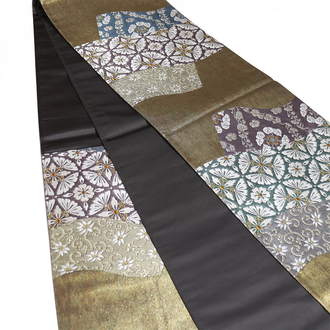 リサイクル 袋帯 帯丈432cm 六通 デザイン花柄 彩麗 ゴールド Sサイズ