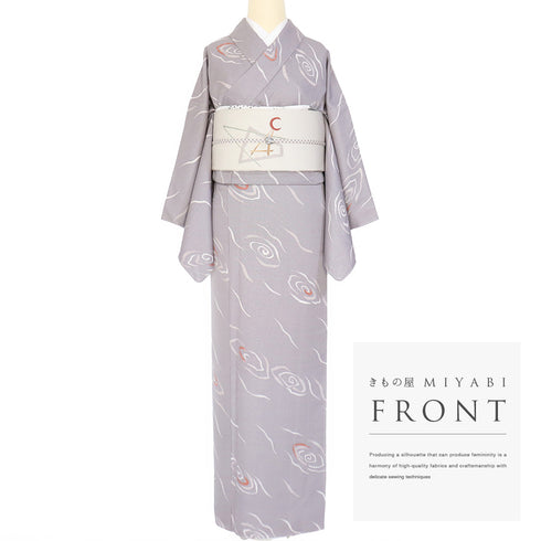 小紋 リサイクル 身丈159.7cm 裄64.6cm 袷 渦巻柄 パープル Mサイズ お洒落 カジュアル 正絹 広衿 Sランク