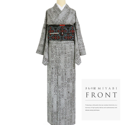 小紋 リサイクル 身丈163cm 裄66.8cm 袷 古代文字風柄 小原敏 グレー Lサイズ お洒落 カジュアル 正絹 広衿 Sランク