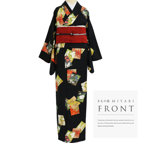 小紋 リサイクル 身丈157.2cm 裄65.8cm 袷 色紙 箔 ブラック Mサイズ お洒落 正絹 広衿 Sランク