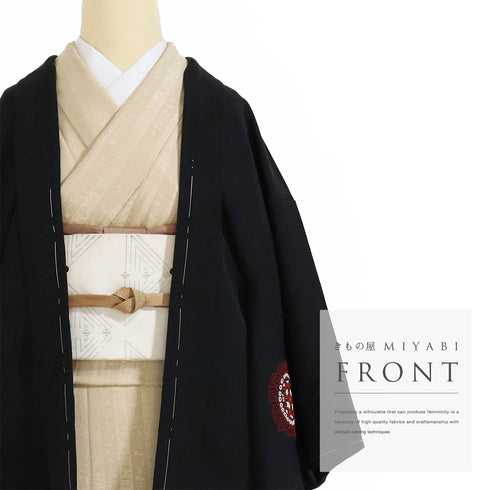 黒羽織 リサイクル 身丈79cm 裄65cm 袷 黒絵羽 相良刺繍 ブラック Mサイズ フォーマル 一つ紋 しつけ糸 正絹 Sランク