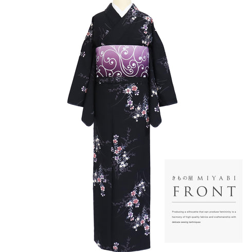 小紋 リサイクル 身丈165.8cm 裄67.5cm 袷 草花柄 既製品 ブラック LLサイズ お洒落 カジュアル ポリエステル 洗える着物 広衿 新品・未使用品