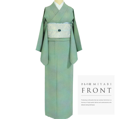 小紋 リサイクル 身丈154.8cm 裄64.4cm 袷 たたきぼかし柄 グリーン Sサイズ お洒落 正絹 広衿 Sランク