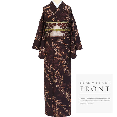 小紋 リサイクル 身丈165.5cm 裄67.3cm 袷 草花柄 既製品 ブラウン LLサイズ お洒落 ポリエステル 洗える着物 広衿 Sランク