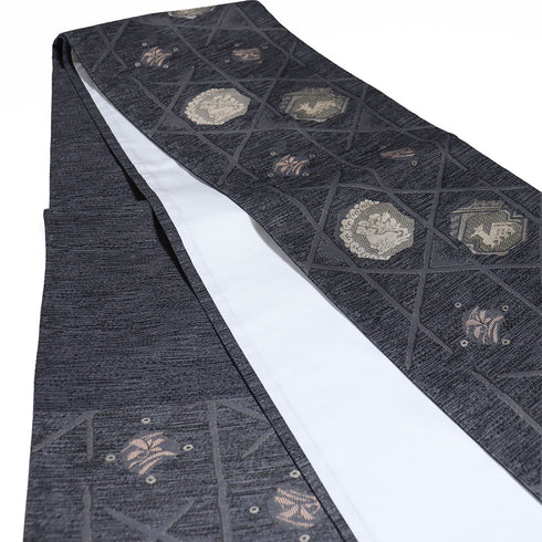 京袋帯 リサイクル 帯丈364cm 六通 兎や鹿柄 地紋 ブラック Mサイズ 正絹 Sランク お洒落 カジュアル