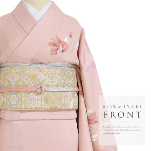 付下げ リサイクル 身丈163.5cm 裄66.2cm 袷 木蓮柄 刺繍 箔 ピンク Lサイズ セミフォーマル お洒落 正絹 広衿 Sランク