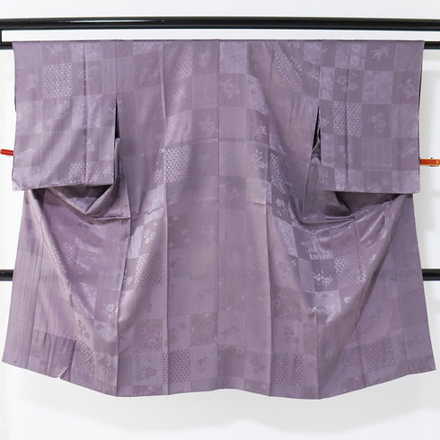 長襦袢 リサイクル 長襦袢 身丈117.5cm 裄63.8cm 袷 市松に花や七宝柄 地紋 ゆったりサイズ 後見頃居敷当付き パープル Sサイズ お洒落 正絹 Sランク