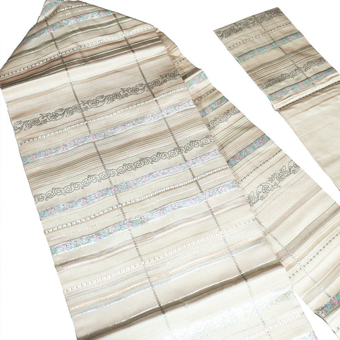 名古屋帯 リサイクル 帯丈340cm 六通 格子に花唐草模様 織り出し名古屋帯 ベージュ Sサイズ 正絹 Aランク お洒落