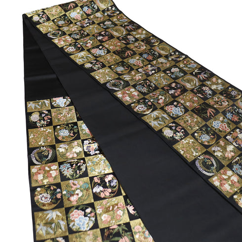 袋帯 リサイクル 帯丈430cm 六通 市松に花や植物柄 刺繍 ゴールド Sサイズ 正絹 Sランク フォーマル セミフォーマル