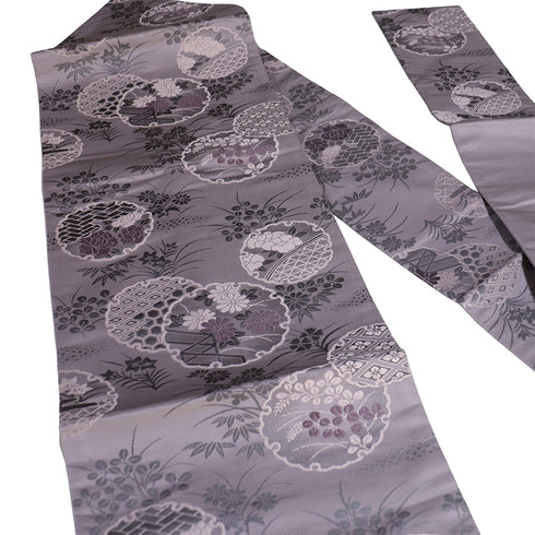 名古屋帯 リサイクル 帯丈365.5cm 六通 雪輪に花柄 パープル Mサイズ 正絹 Sランク お洒落