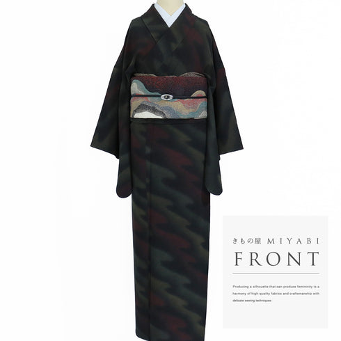 小紋 リサイクル 身丈159cm 裄65.5cm 単衣 流水ぼかし柄 グリーン Mサイズ お洒落 一つ紋 不明 広衿 Aランク