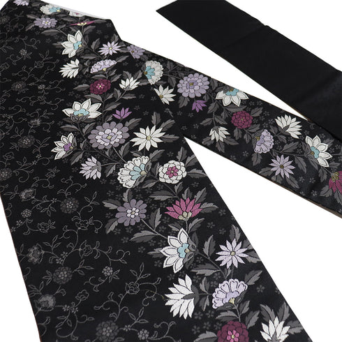 名古屋帯 リサイクル 帯丈375cm 六通 花柄 ブラック Mサイズ ポリエステル 未使用品 お洒落 カジュアル