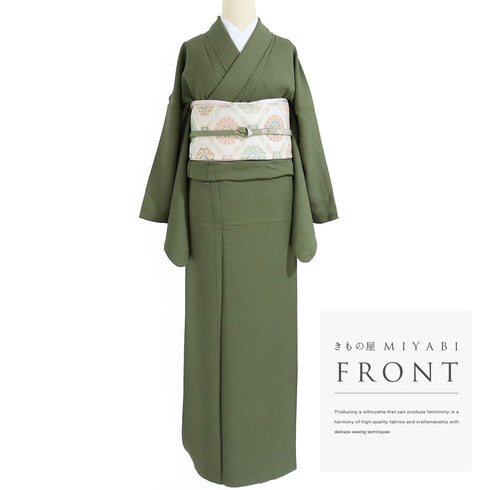 色無地 リサイクル 身丈161cm 裄68.8cm 袷 グリーン Lサイズ セミフォーマル 一つ紋 正絹 広衿 地紋あり Sランク