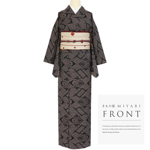 紬 リサイクル 身丈163cm 裄65.4cm 袷 菱に花柄 ブラウン Lサイズ カジュアル お洒落 正絹 広衿 Sランク