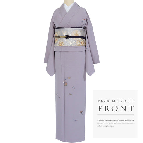 付下げ リサイクル 身丈163.5cm 裄69.6cm 袷 茶道具に花籠柄 刺繍 パープル Lサイズ お洒落 正絹 広衿 Sランク