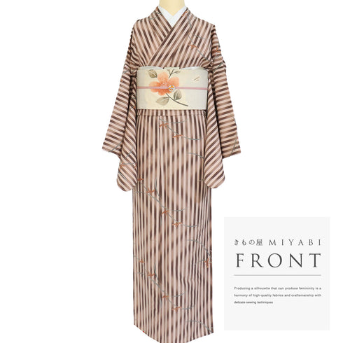 小紋 リサイクル 身丈161cm 裄70cm 単衣 縞柄 花柄 ブラウン Lサイズ お洒落 カジュアル ポリエステル 洗える着物 バチ衿 Sランク