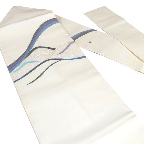 名古屋帯 リサイクル 帯丈371cm ポイント柄 デザイン線模様 ベージュ Mサイズ 正絹 Sランク お洒落